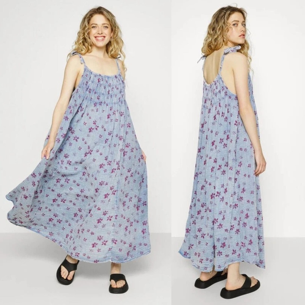 Free People Maxi Dress Womens XL Azure Floral Smocked Tie Gauze Boho Blue